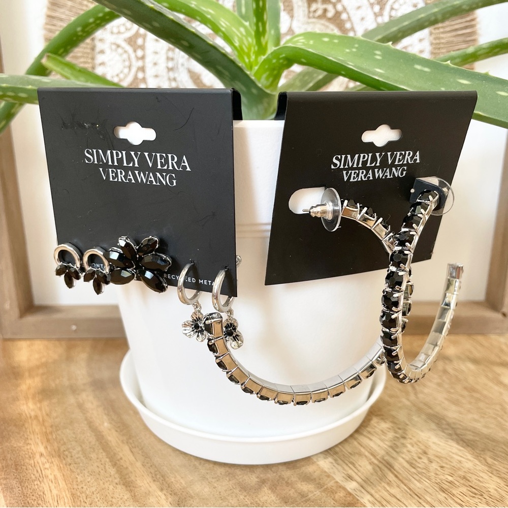 NWT Simply Vera Vera Wang, black and silver hoops, and stud bundles set